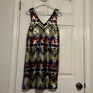 NWT EVERLY Sequin Aztec V-Neck Mini Shift Dress